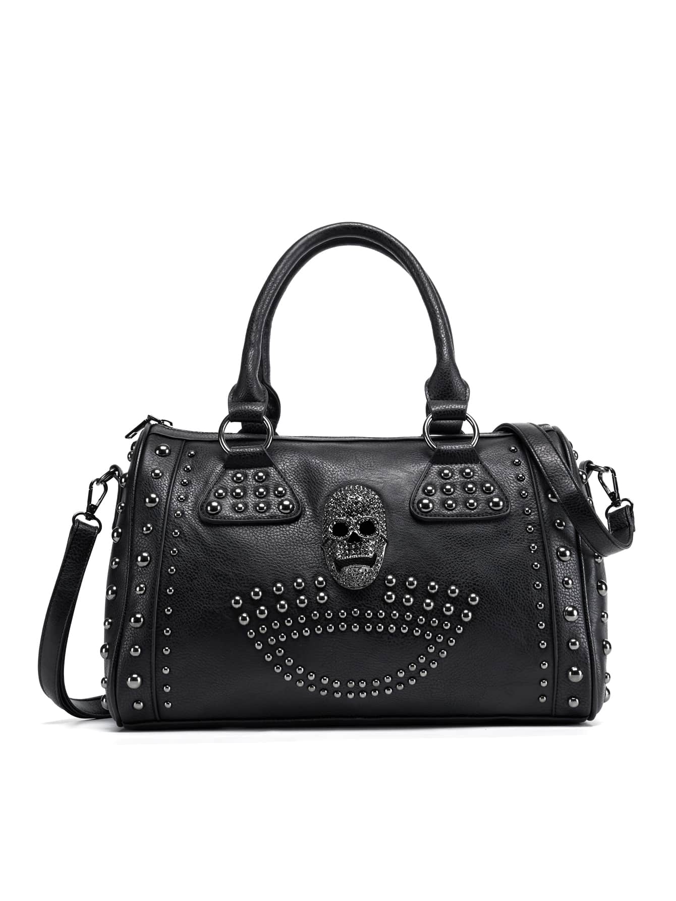 Túi tote công suất lớn Túi xách hình đầu lâu màu đen Túi tote pu, phong cách Halloween Y2K, Punk, túi mới lạ đính đá trang trí Trick Or Treat - màu đen - Xem 1