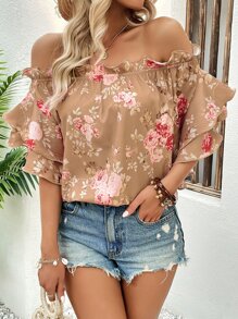 SHEIN WYWH Floral Print Off Shoulder Ruffle Trim Blouse - Khaki - View 1