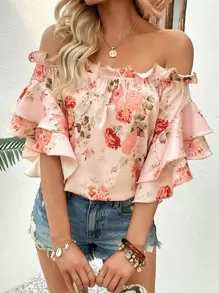 Breezaya Floral Print Off Shoulder Ruffle Trim Flounce Sleeve Blouse - Pink - View 1
