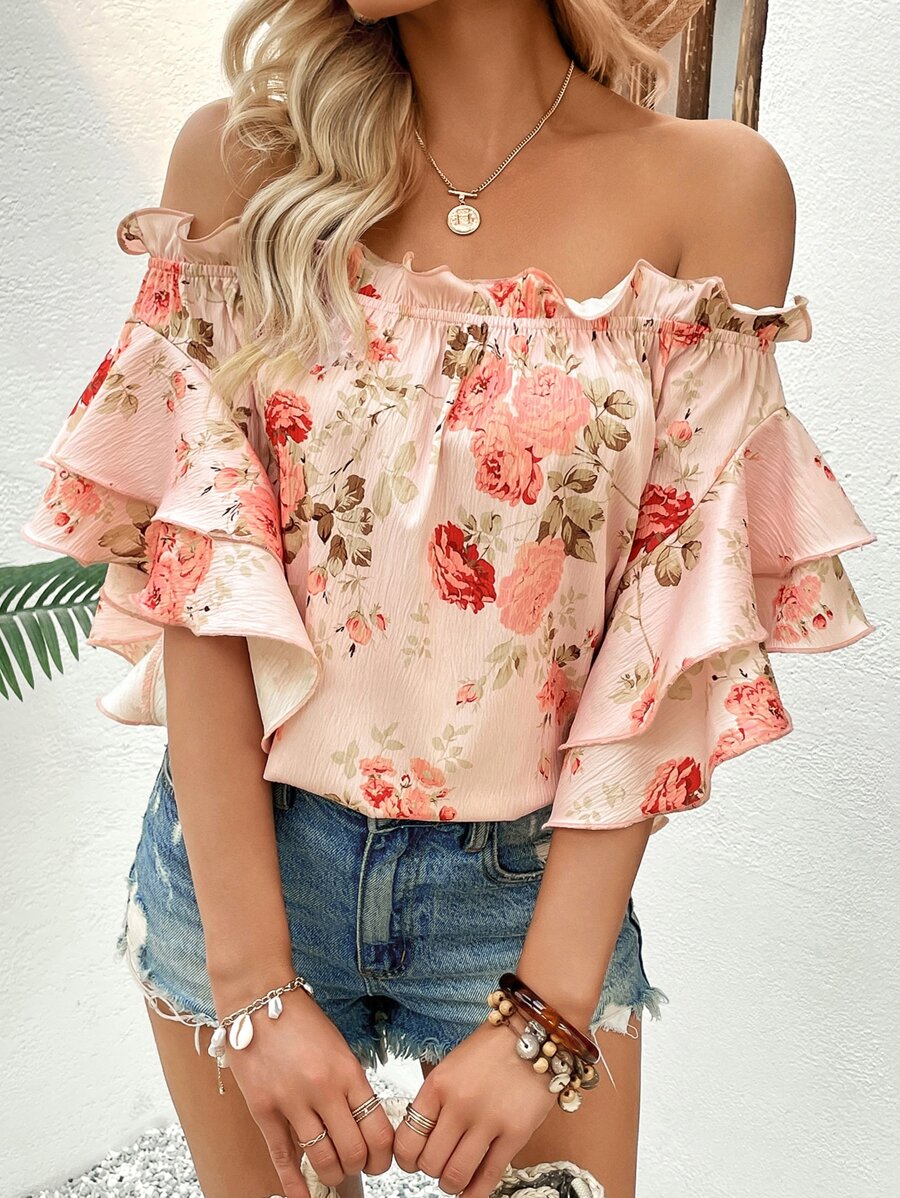 Breezaya Floral Print Off Shoulder Ruffle Trim Flounce Sleeve Blouse - Pink - View 1