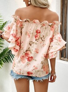 Breezaya Floral Print Off Shoulder Ruffle Trim Flounce Sleeve Blouse - Pink - View 2
