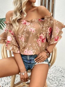 SHEIN WYWH Floral Print Off Shoulder Ruffle Trim Blouse - Khaki - View 4