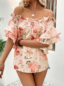 Breezaya Floral Print Off Shoulder Ruffle Trim Flounce Sleeve Blouse - Pink - View 4