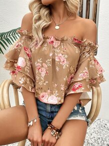 SHEIN WYWH Floral Print Off Shoulder Ruffle Trim Blouse - Khaki - View 6