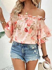 Breezaya Floral Print Off Shoulder Ruffle Trim Flounce Sleeve Blouse - Pink - View 5