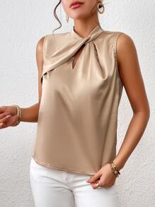 SHEIN Privé Twist Front Keyhole Back Satin Blouse - Dusty Pink - View 5