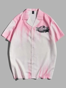 ROMWE MEN Guys Letter Graphic Tie Dye Button Front Shirt - Pink - View 1