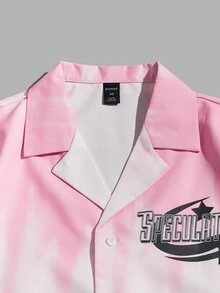 ROMWE MEN Guys Letter Graphic Tie Dye Button Front Shirt - Pink - View 3