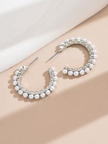 Faux Pearl Decor Cuff Hoop Earrings - Silver - View 2