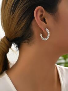 Faux Pearl Decor Cuff Hoop Earrings - Silver - View 4