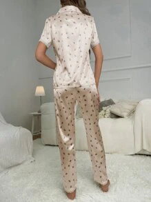 Ditsy Floral Print Contrast Lace Satin PJ Set - Beige - View 2