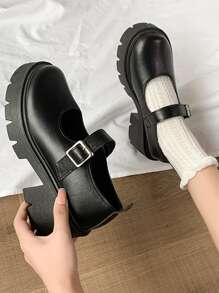 Buckle Decor Square Toe Chunky Heeled Flatform Mary Jane Shoes - Black - View 1