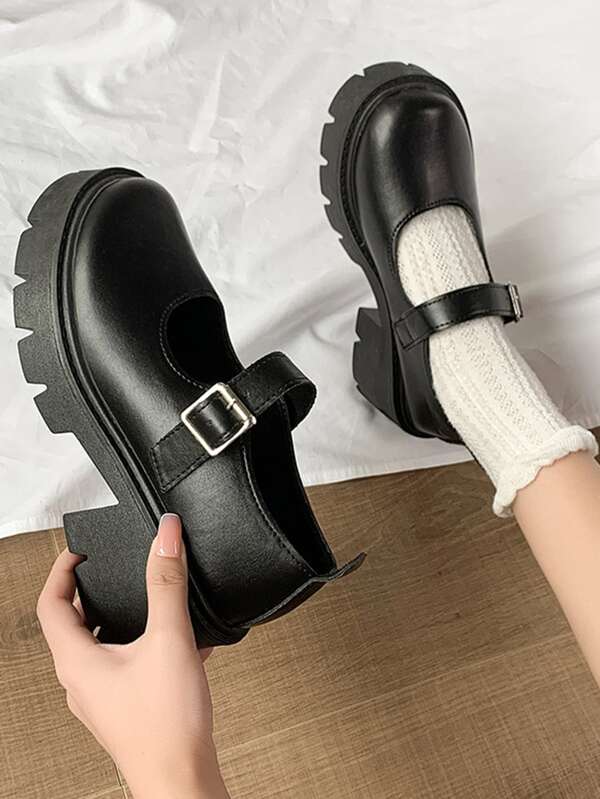 Is That The New Buckle Decor Square Toe Chunky Heeled Flatform Mary