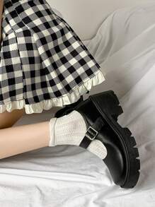 Buckle Decor Square Toe Chunky Heeled Flatform Mary Jane Shoes - Black - View 3