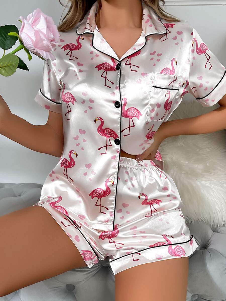 Flamingo & Heart Print Contrast Piping Satin PJ Set / Pajama Set White Set - White - View 1