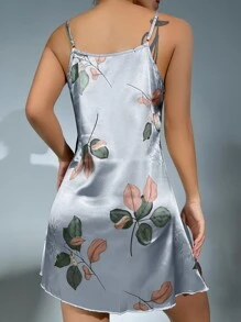 植物圖案緞面吊帶睡裙 - 淺藍色 - 查看 2