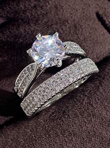 2 cái/bộ Nhẫn Trang Trí Đá Cubic Zirconia - Bạc - Xem 1