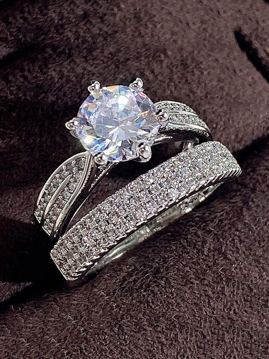 2 cái/bộ Nhẫn Trang Trí Đá Cubic Zirconia - Bạc - Xem 1