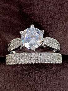 2 cái/bộ Nhẫn Trang Trí Đá Cubic Zirconia - Bạc - Xem 2
