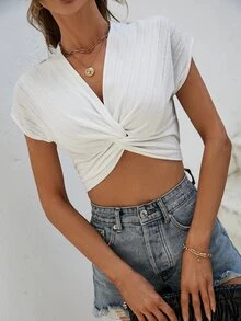 SHEIN VCAY Twist Front Batwing Sleeve Crop Tee - White - View 5