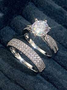 2 cái/bộ Nhẫn Trang Trí Đá Cubic Zirconia - Bạc - Xem 4