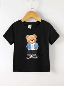 SHEIN Young Boy Bear Pattern Round Neck Short Sleeve Regular Fit T-Shirt, Casual And Cute For Summer - Black - View 1
