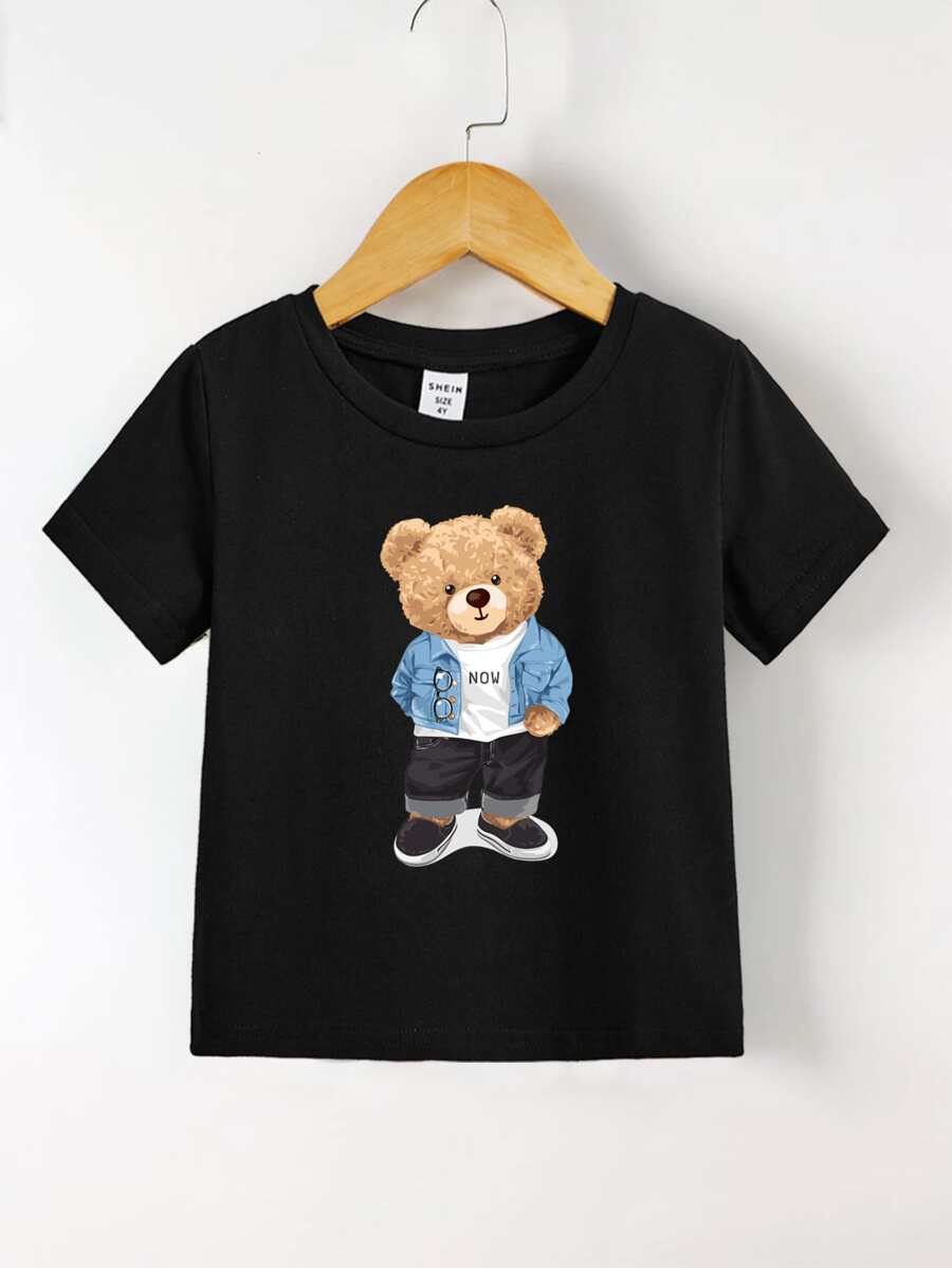 SHEIN Young Boy Bear Pattern Round Neck Short Sleeve Regular Fit T-Shirt, Casual And Cute For Summer - Black - View 1