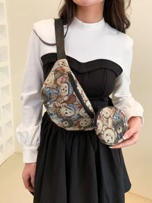 卡通熊圖案腰包帶零錢包可愛可調整肩帶適用於日常