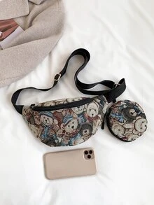 卡通熊圖案腰包帶零錢包可愛可調整肩帶適用於日常