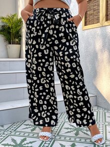 SHEIN Clasi Quần Plus Size Thắt lưng Túi In hoa Báo Giải trí - Đen và trắng - Xem 4