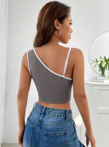 SHEIN EZwear 撞色滾邊不對稱領短款上衣 - 灰色 - 查看 2