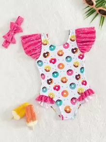 Infant Swimsuit Cute Donut And Ruffle Edge Vacation Beachwear With Hairband Summer - Multicolor - View 1