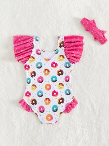 Infant Swimsuit Cute Donut And Ruffle Edge Vacation Beachwear With Hairband Summer - Multicolor - View 2