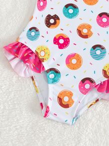 Infant Swimsuit Cute Donut And Ruffle Edge Vacation Beachwear With Hairband Summer - Multicolor - View 3