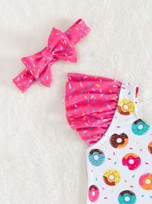 Infant Swimsuit Cute Donut And Ruffle Edge Vacation Beachwear With Hairband Summer - Multicolor - View 4