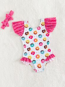 Infant Swimsuit Cute Donut And Ruffle Edge Vacation Beachwear With Hairband Summer - Multicolor - View 5