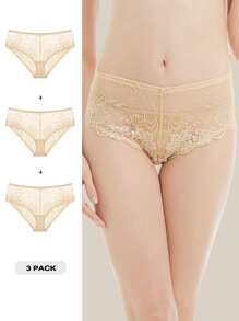 Deyllo 3pcs Floral Lace Panel Lace Brief - Apricot - View 1