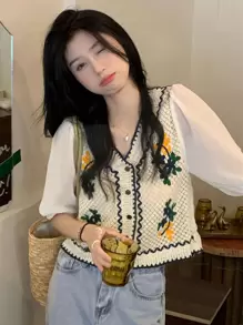 花卉刺绣纽扣前襟上衣 夏季度假休闲款 - 杏色 - 查看 3