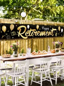 1pc Polyester Photobooth Background, Modernist Balloon & Letter Graphic Party Background Cloth For Retirement Party - Multicolor - View 1