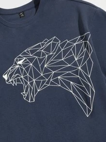 EASEVO 男士狼印花T恤和腰部抽繩短褲 - 藏蓝色 - 查看 4