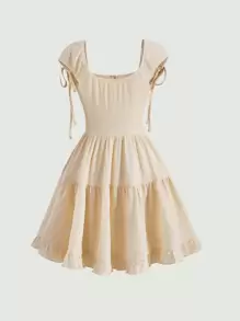 SHEIN MOD Vestido de hombro con cordón bajo con fruncido - Albaricoque - Ver 2