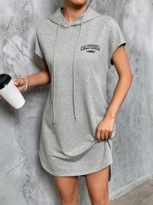 SHEIN Unity Letter Graphic Drawstring Curved Hem Hooded Dress - Grey - View 5