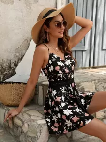 SHEIN VCAY Áo liền quần nữ Tương phản ren Hoa Tất cả trên in Boho - màu đen - Xem 1