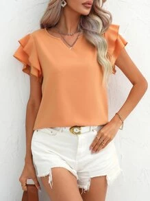 SHEIN LUNE Solid Butterfly Sleeve Blouse - Orange - View 2