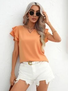 SHEIN LUNE Solid Butterfly Sleeve Blouse - Orange - View 3