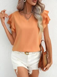 SHEIN LUNE Solid Butterfly Sleeve Blouse - Orange - View 5
