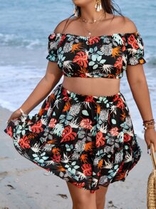 SHEIN LUNE Plus Tropical Print Off Shoulder Crop Top & Skirt - Black - View 1