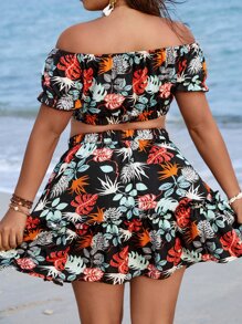 SHEIN LUNE Plus Tropical Print Off Shoulder Crop Top & Skirt - Black - View 2