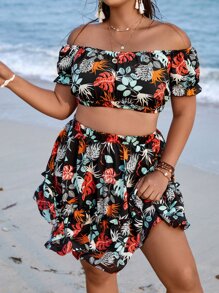 SHEIN LUNE Plus Tropical Print Off Shoulder Crop Top & Skirt - Black - View 3