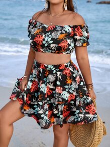 SHEIN LUNE Plus Tropical Print Off Shoulder Crop Top & Skirt - Black - View 5